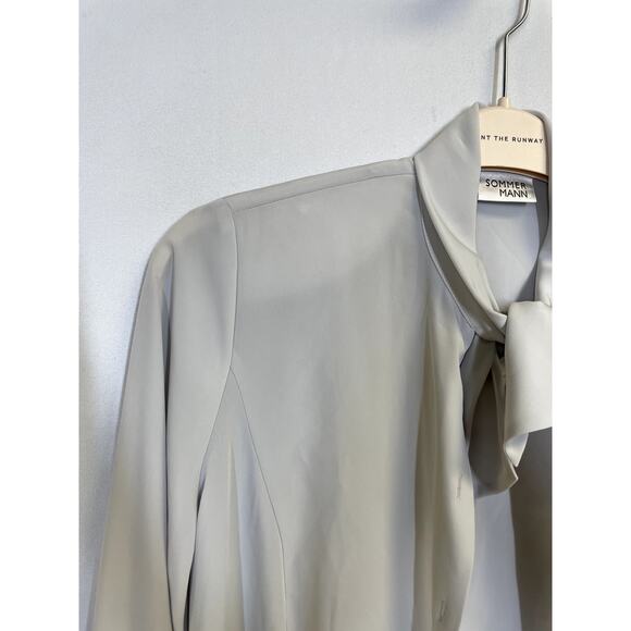 SOMMER MANN Long Sleeve Button Down Padded Shoulder Tie Neck Blouse Size 40 - Picture 3 of 11